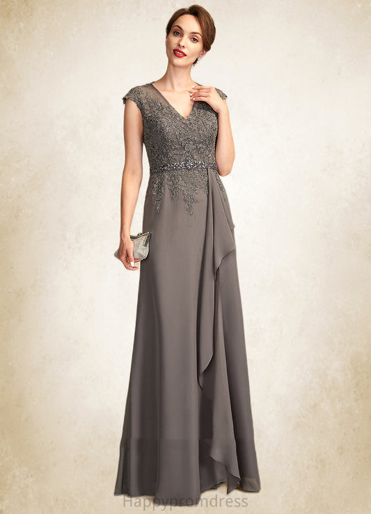 Hazel A-Line V-neck Floor-Length Chiffon Lace Mother of the Bride Dress With Beading Sequins Cascading Ruffles XXS126P0015030