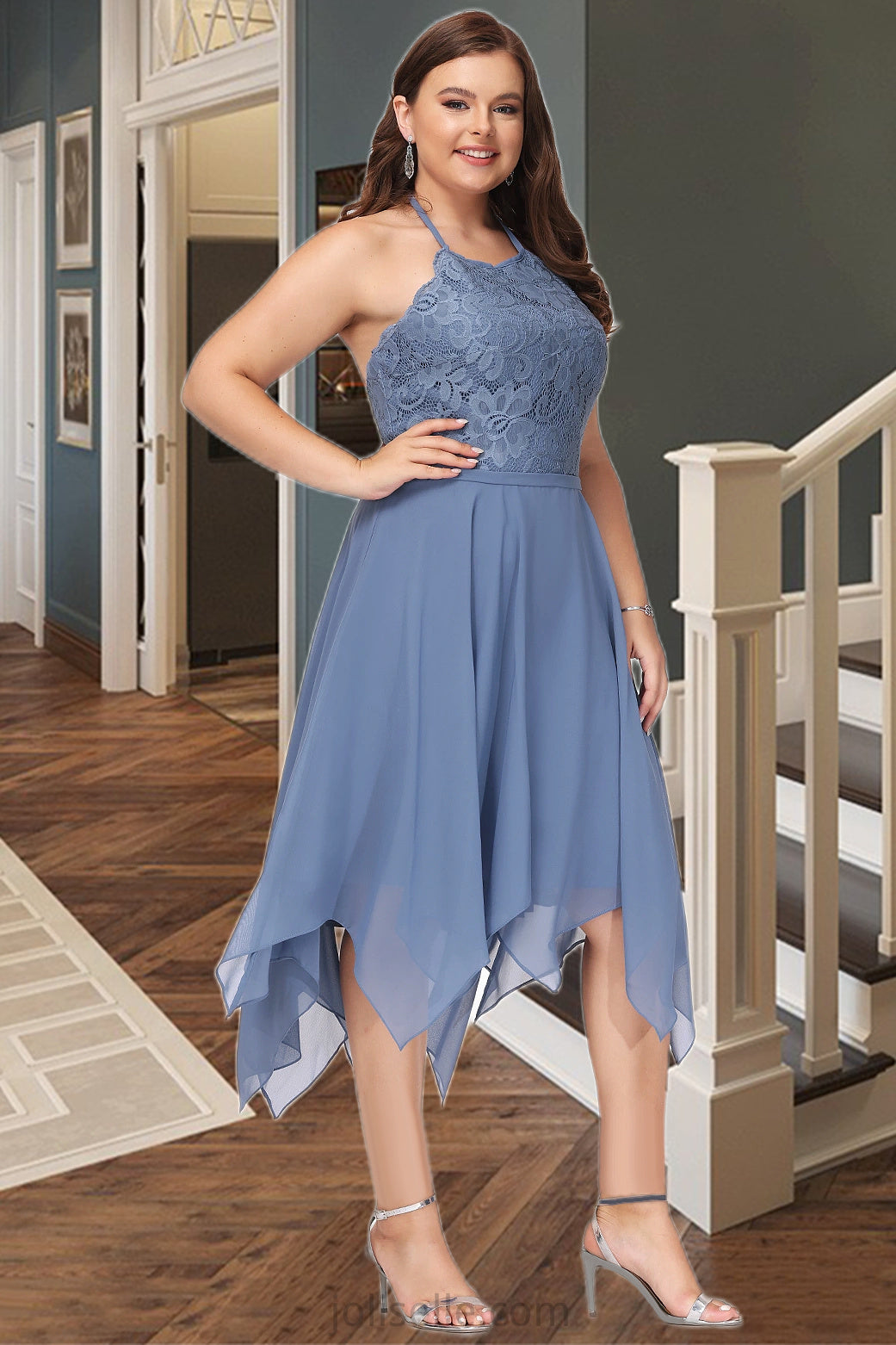 Annie A-line Halter Asymmetrical Chiffon Lace Homecoming Dress XXSP0020561