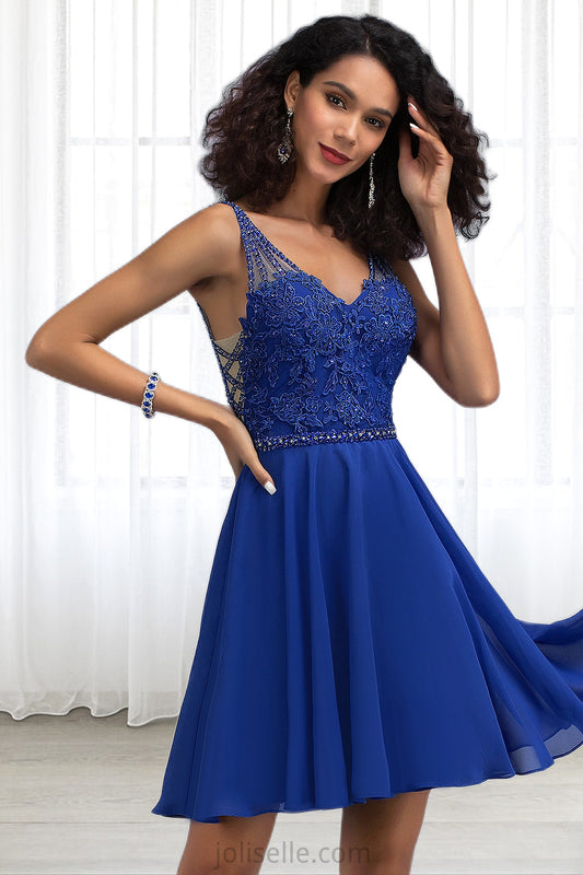 Audrina A-line V-Neck Short/Mini Chiffon Lace Homecoming Dress With Beading XXSP0020563