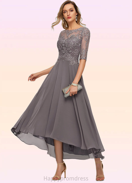 Sadie A-line Boat Neck Illusion Asymmetrical Chiffon Lace Mother of the Bride Dress With Beading Sequins XXSP0021629