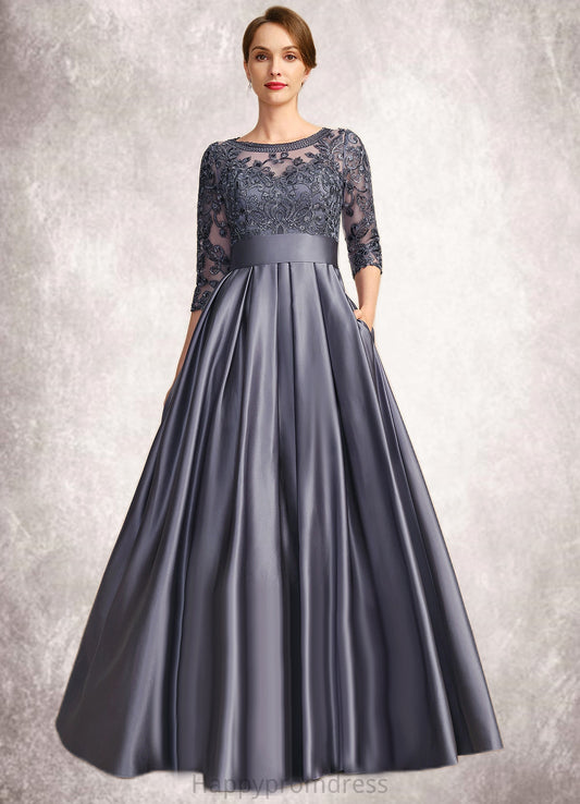 Geraldine A-line Scoop Illusion Floor-Length Lace Satin Mother of the Bride Dress With Bow Sequins XXSP0021633