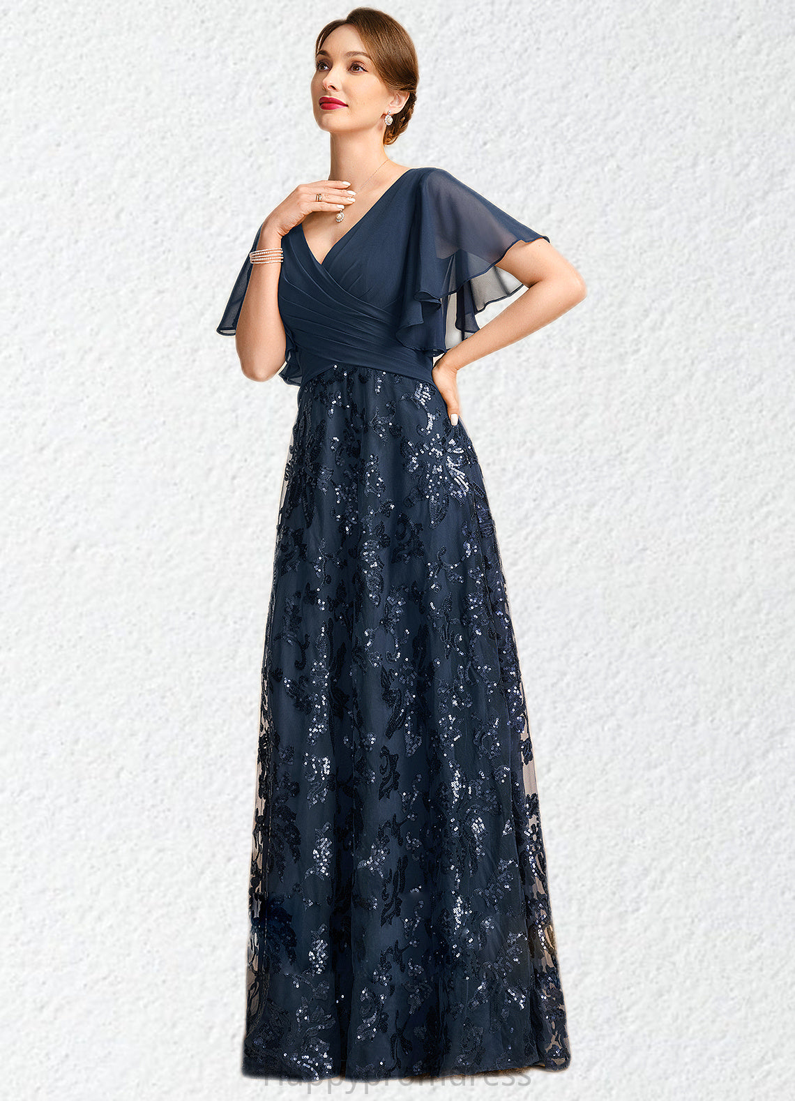 Sydney A-line V-Neck Floor-Length Chiffon Lace Sequin Mother of the Bride Dress With Pleated XXSP0021648
