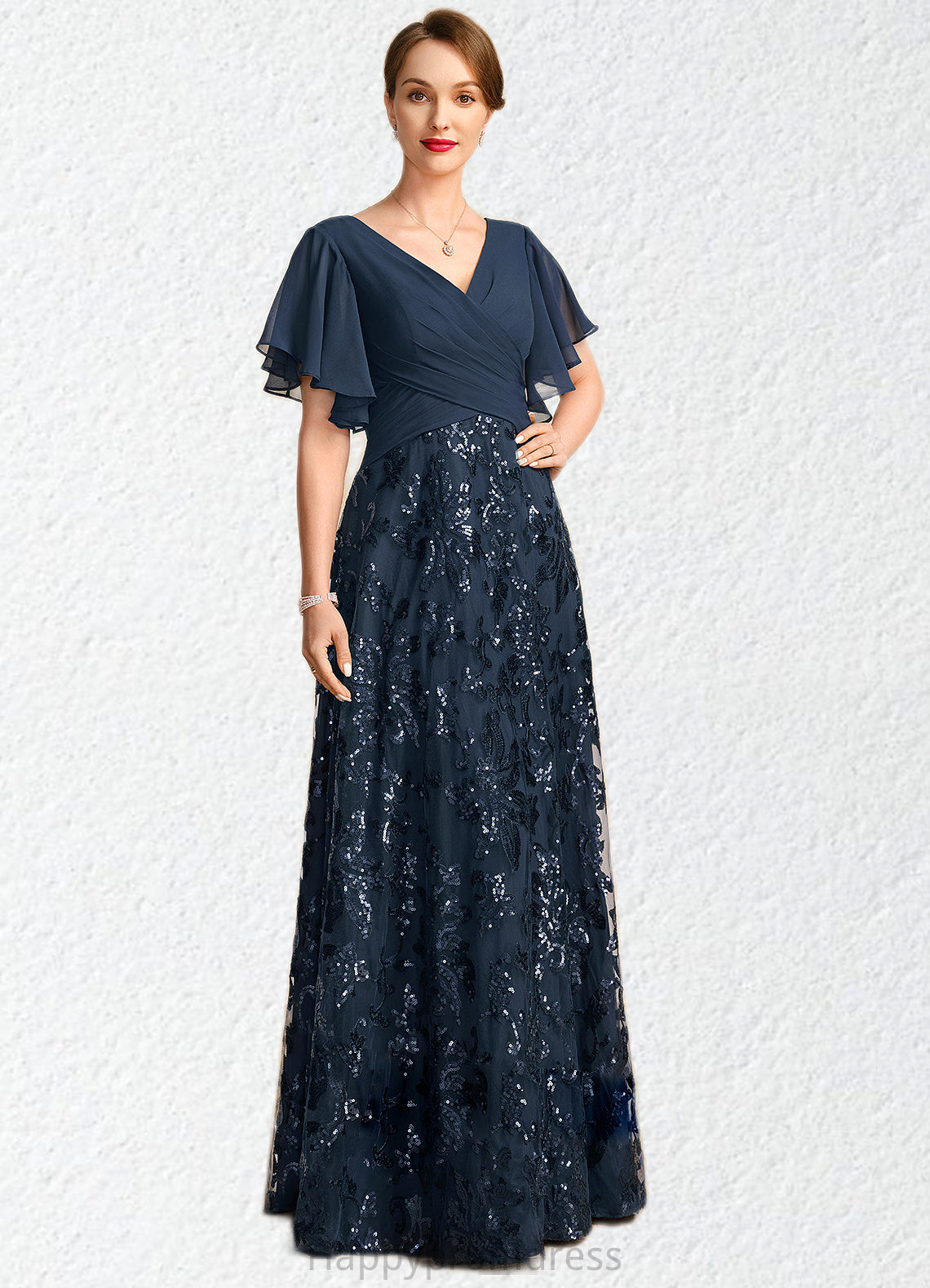 Sydney A-line V-Neck Floor-Length Chiffon Lace Sequin Mother of the Bride Dress With Pleated XXSP0021648