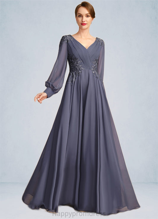 Bailey A-line V-Neck Floor-Length Chiffon Mother of the Bride Dress With Pleated Appliques Lace Sequins XXSP0021652