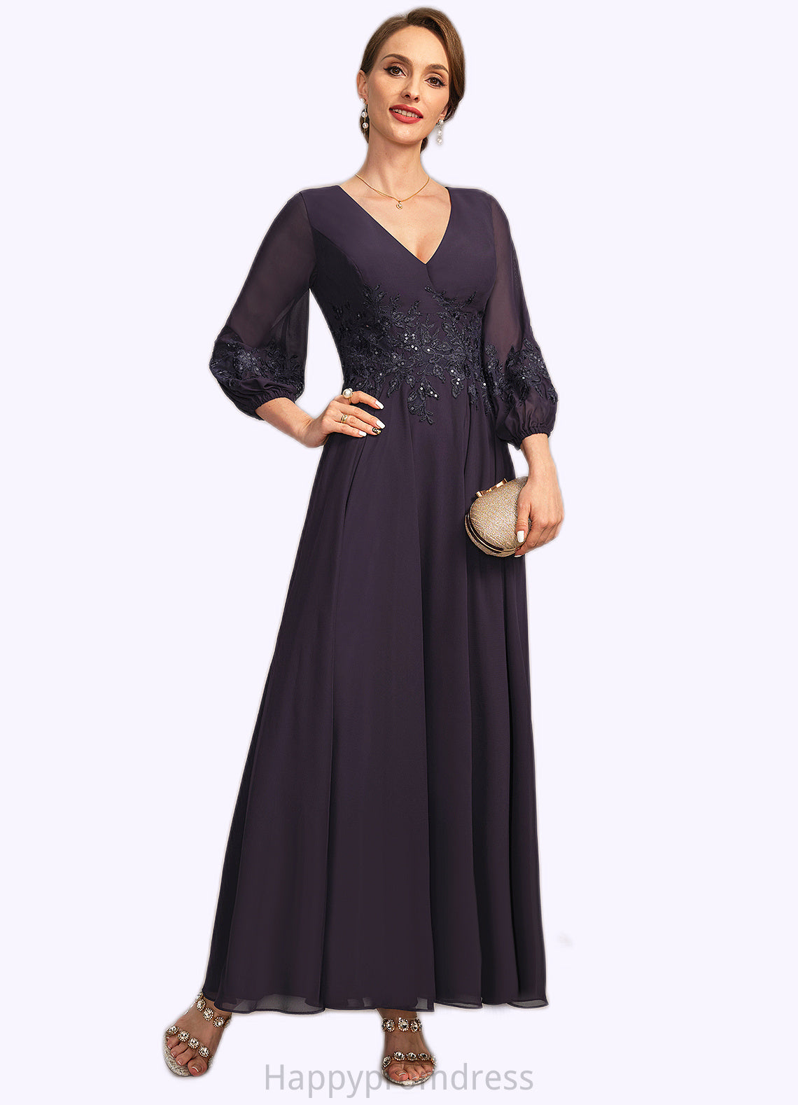 Bria A-line V-Neck Ankle-Length Chiffon Lace Mother of the Bride Dress With Sequins XXSP0021655