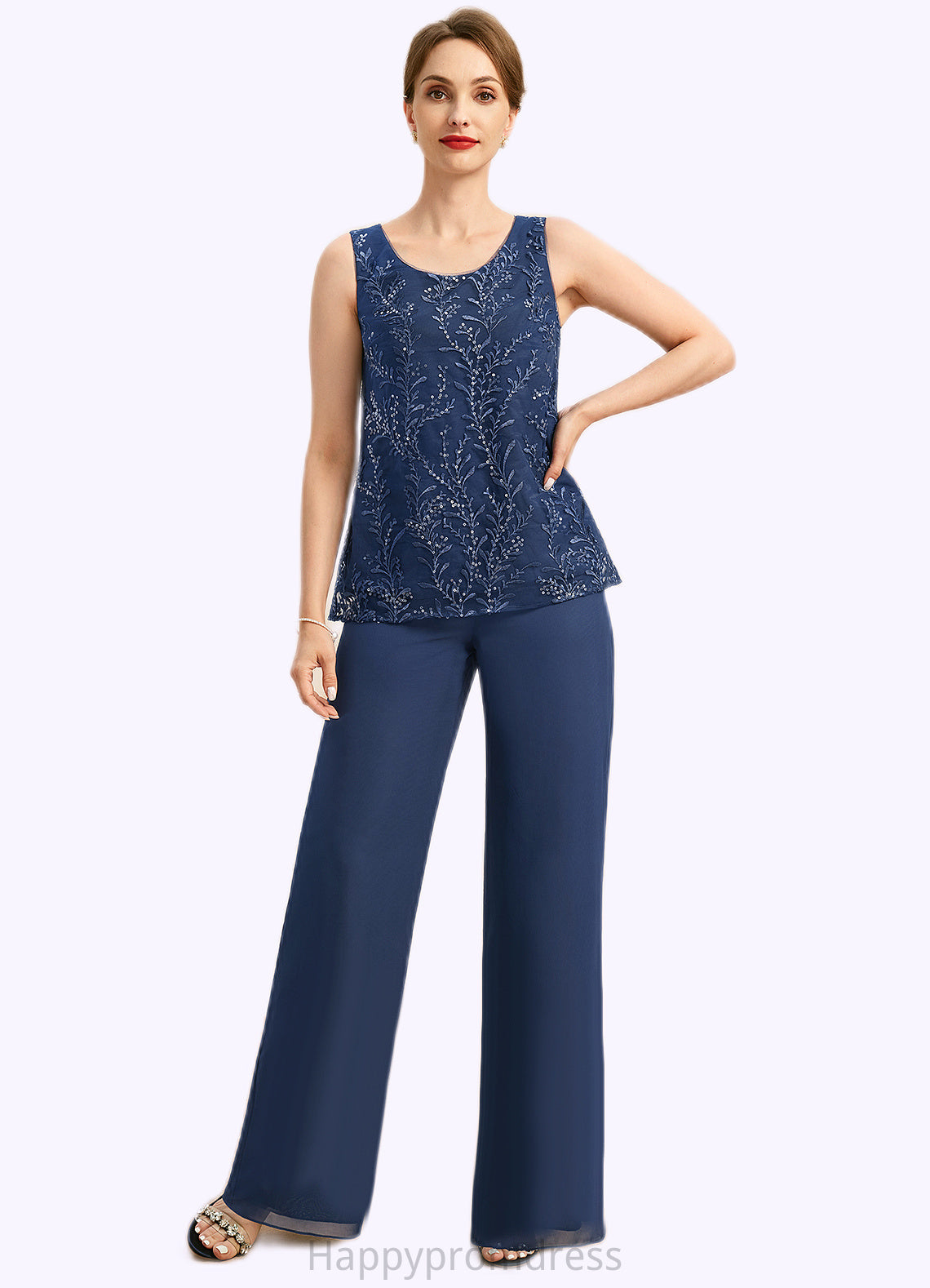 Amiya Jumpsuit/Pantsuit Separates Scoop Floor-Length Chiffon Lace Mother of the Bride Dress With Sequins XXSP0021657