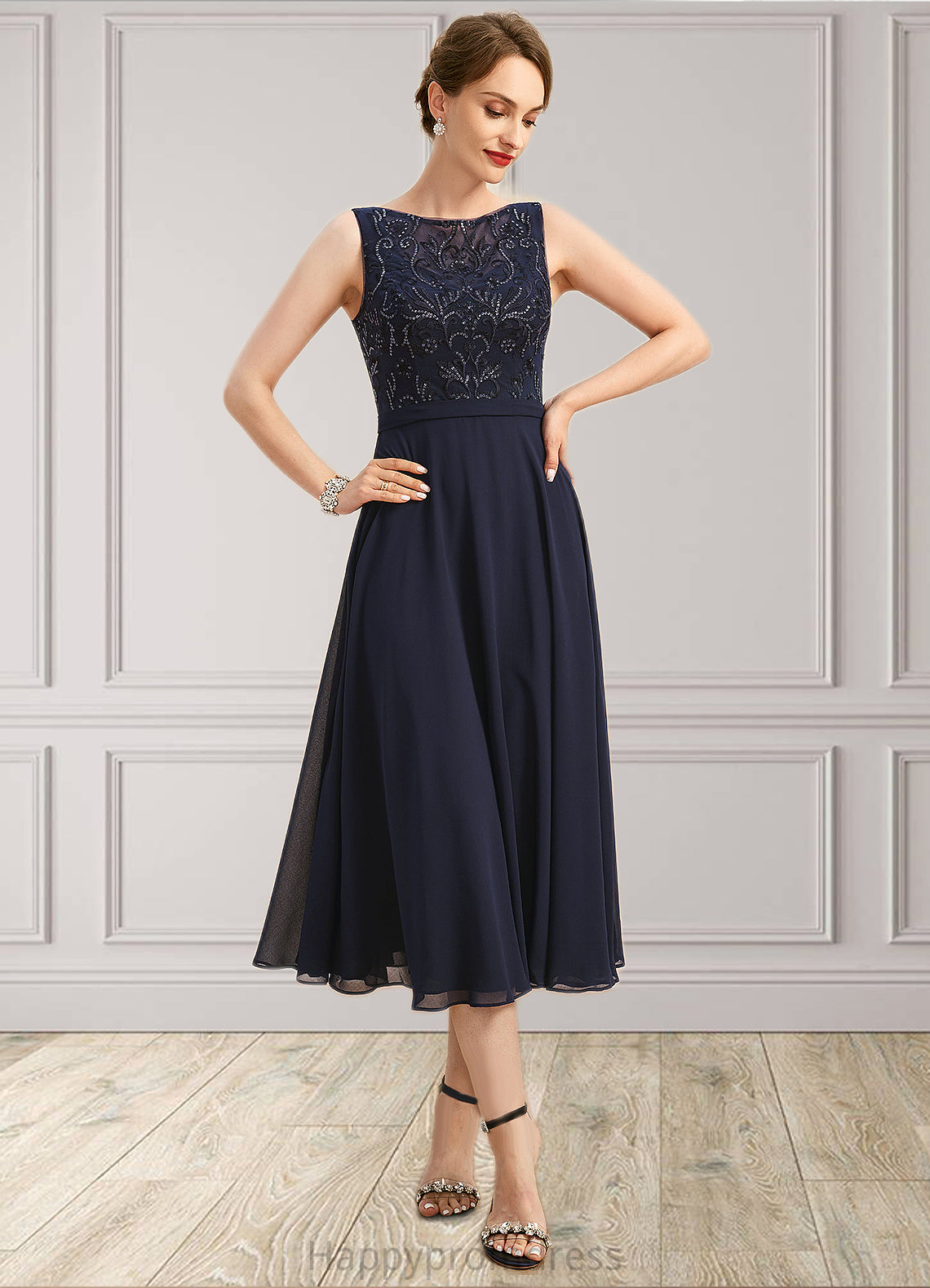 Isabella A-line Boat Neck Illusion Tea-Length Chiffon Lace Mother of the Bride Dress With Sequins XXSP0021658