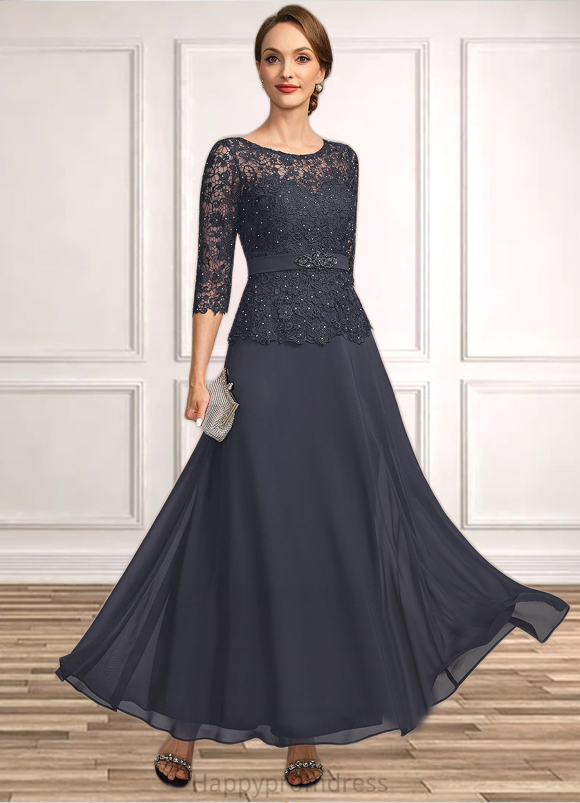 Shirley A-line Scoop Illusion Ankle-Length Chiffon Lace Mother of the Bride Dress With Beading Rhinestone XXSP0021659