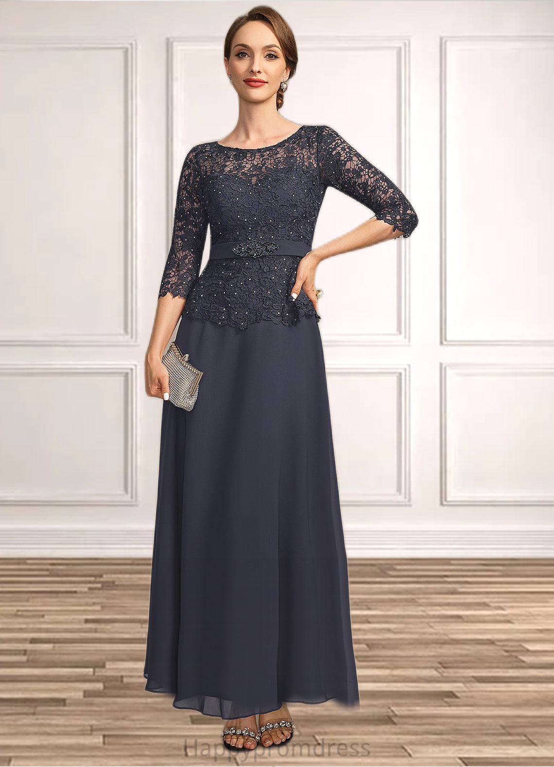 Shirley A-line Scoop Illusion Ankle-Length Chiffon Lace Mother of the Bride Dress With Beading Rhinestone XXSP0021659