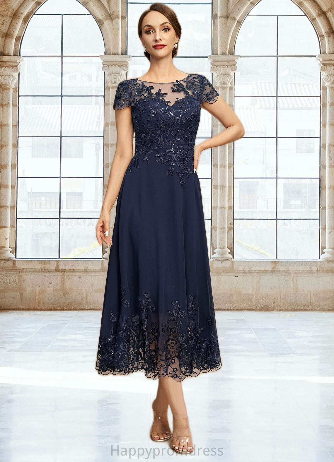 Chloe A-line Scoop Illusion Tea-Length Chiffon Lace Mother of the Bride Dress With Sequins XXSP0021664