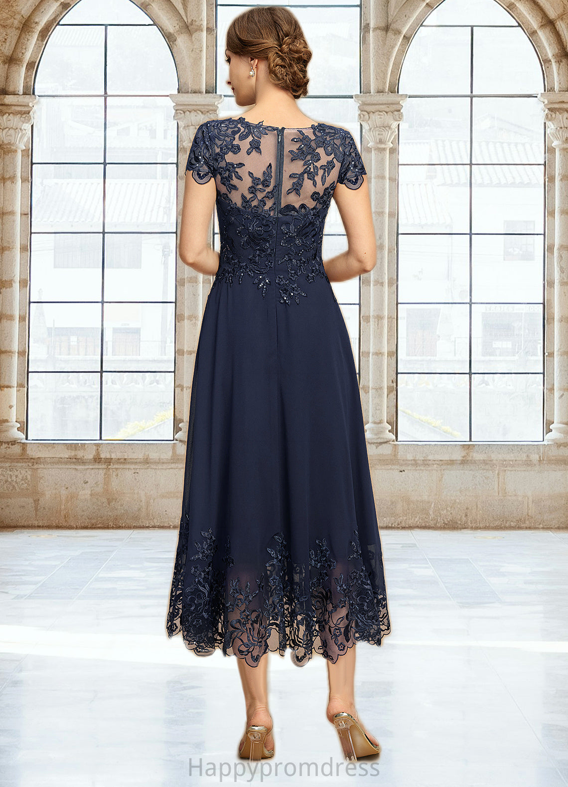 Chloe A-line Scoop Illusion Tea-Length Chiffon Lace Mother of the Bride Dress With Sequins XXSP0021664