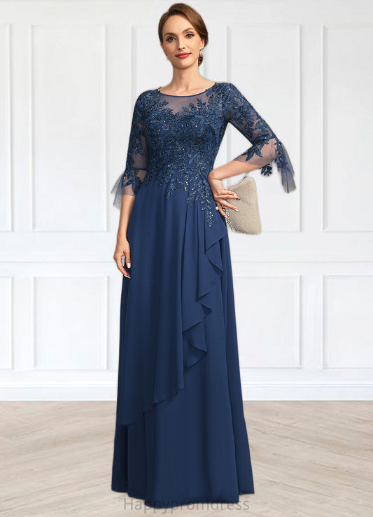 Seraphina A-line Scoop Illusion Floor-Length Chiffon Lace Mother of the Bride Dress With Cascading Ruffles Sequins XXSP0021671