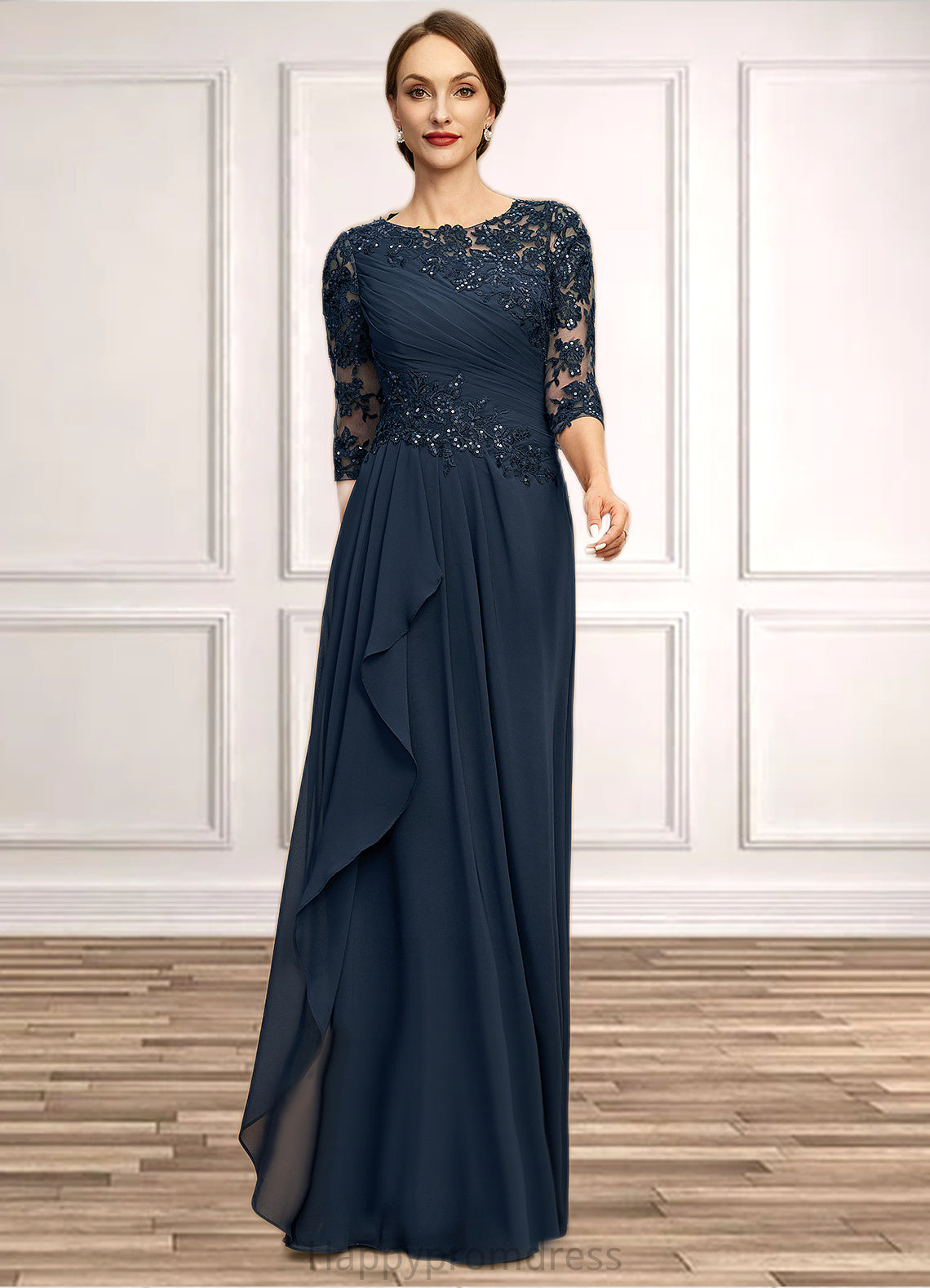 Isabella A-line Scoop Floor-Length Chiffon Lace Mother of the Bride Dress With Cascading Ruffles Sequins XXSP0021673