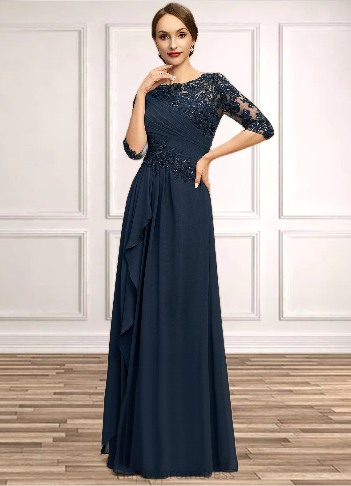 Isabella A-line Scoop Floor-Length Chiffon Lace Mother of the Bride Dress With Cascading Ruffles Sequins XXSP0021673