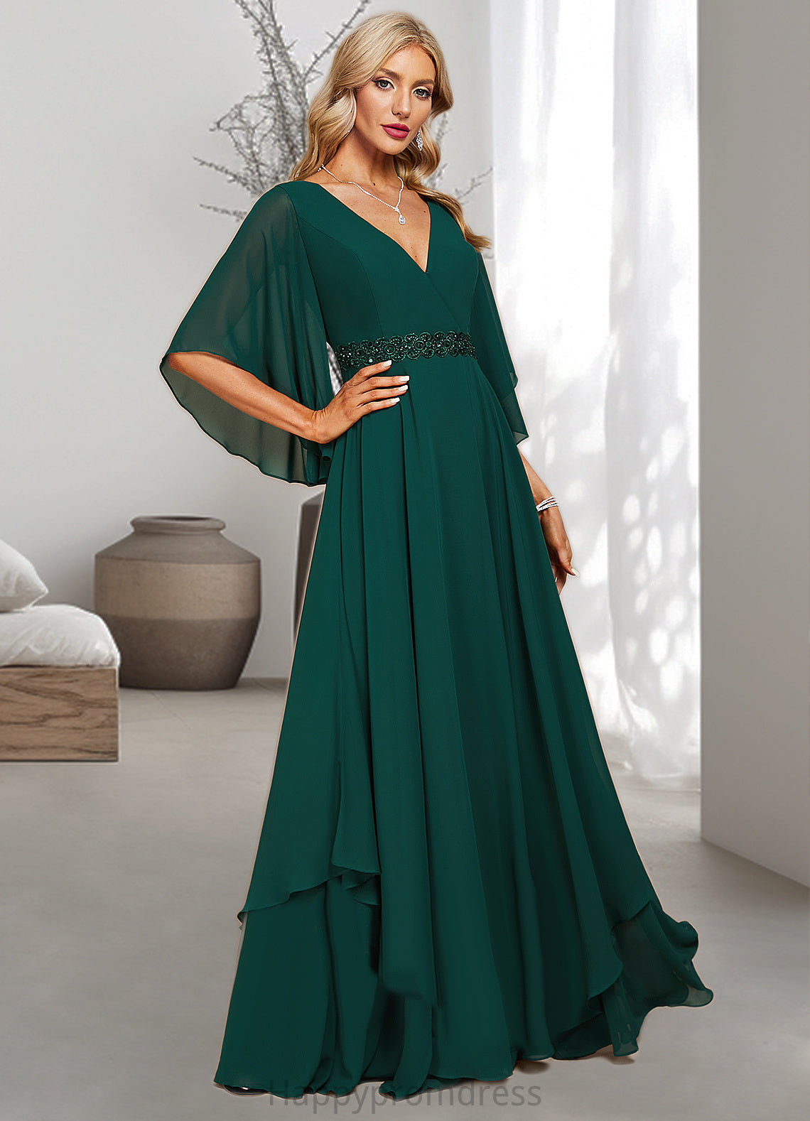 Lily A-line V-Neck Floor-Length Chiffon Mother of the Bride Dress With Beading Appliques Lace Sequins XXSP0021682