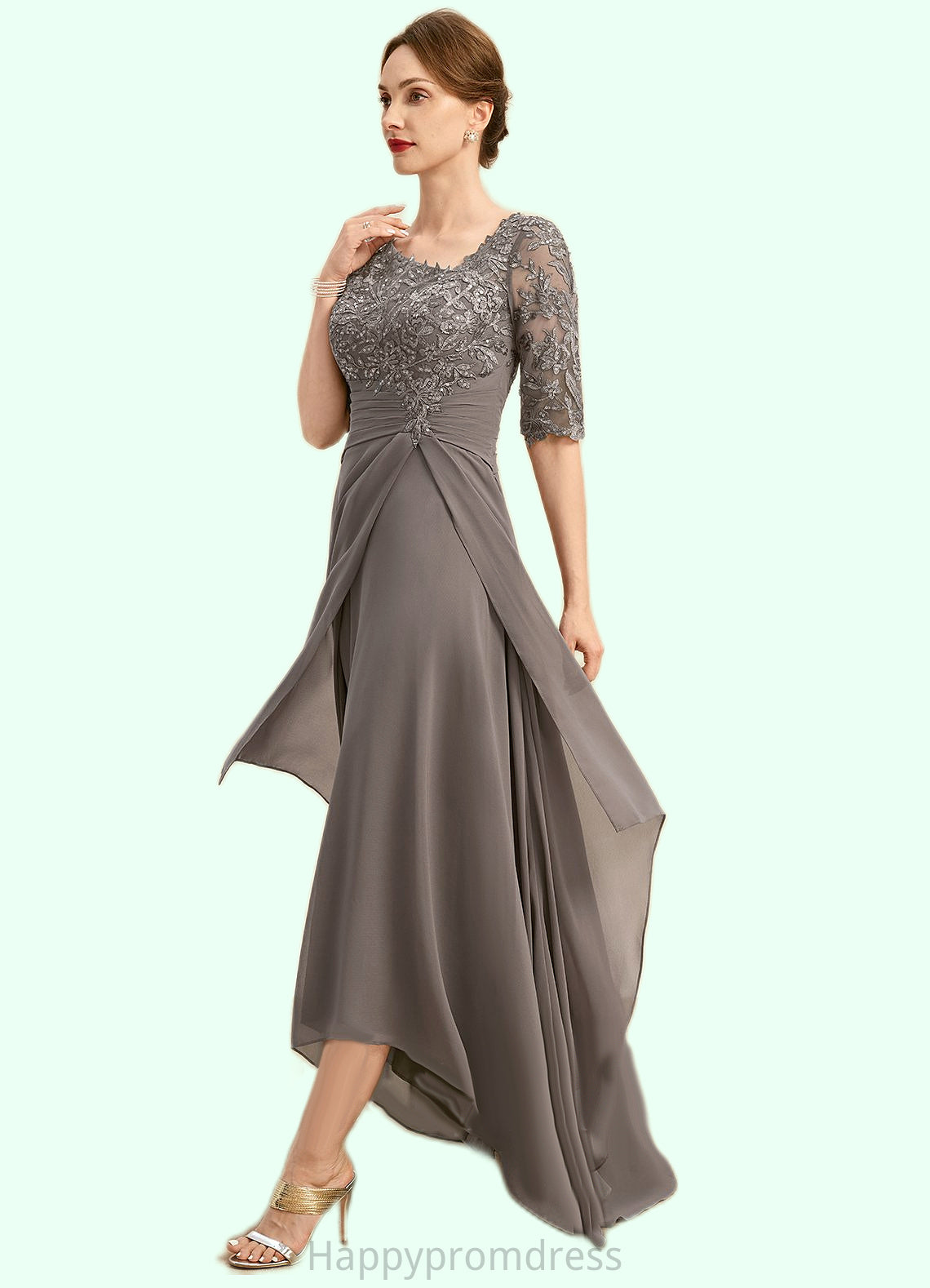 Cassandra A-line Asymmetrical Asymmetrical Chiffon Lace Mother of the Bride Dress With Pleated Sequins XXSP0021688