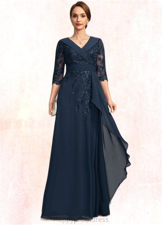 Liz A-line V-Neck Floor-Length Chiffon Lace Mother of the Bride Dress With Cascading Ruffles Sequins XXSP0021691