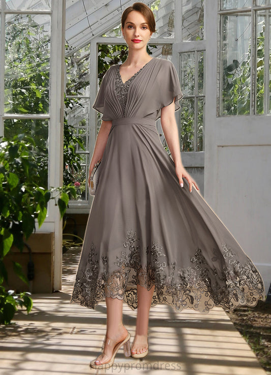 Genesis A-line V-Neck Asymmetrical Chiffon Lace Mother of the Bride Dress With Pleated XXSP0021699