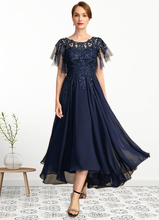 Laney A-line Scoop Illusion Asymmetrical Chiffon Lace Mother of the Bride Dress With Sequins XXSP0021712