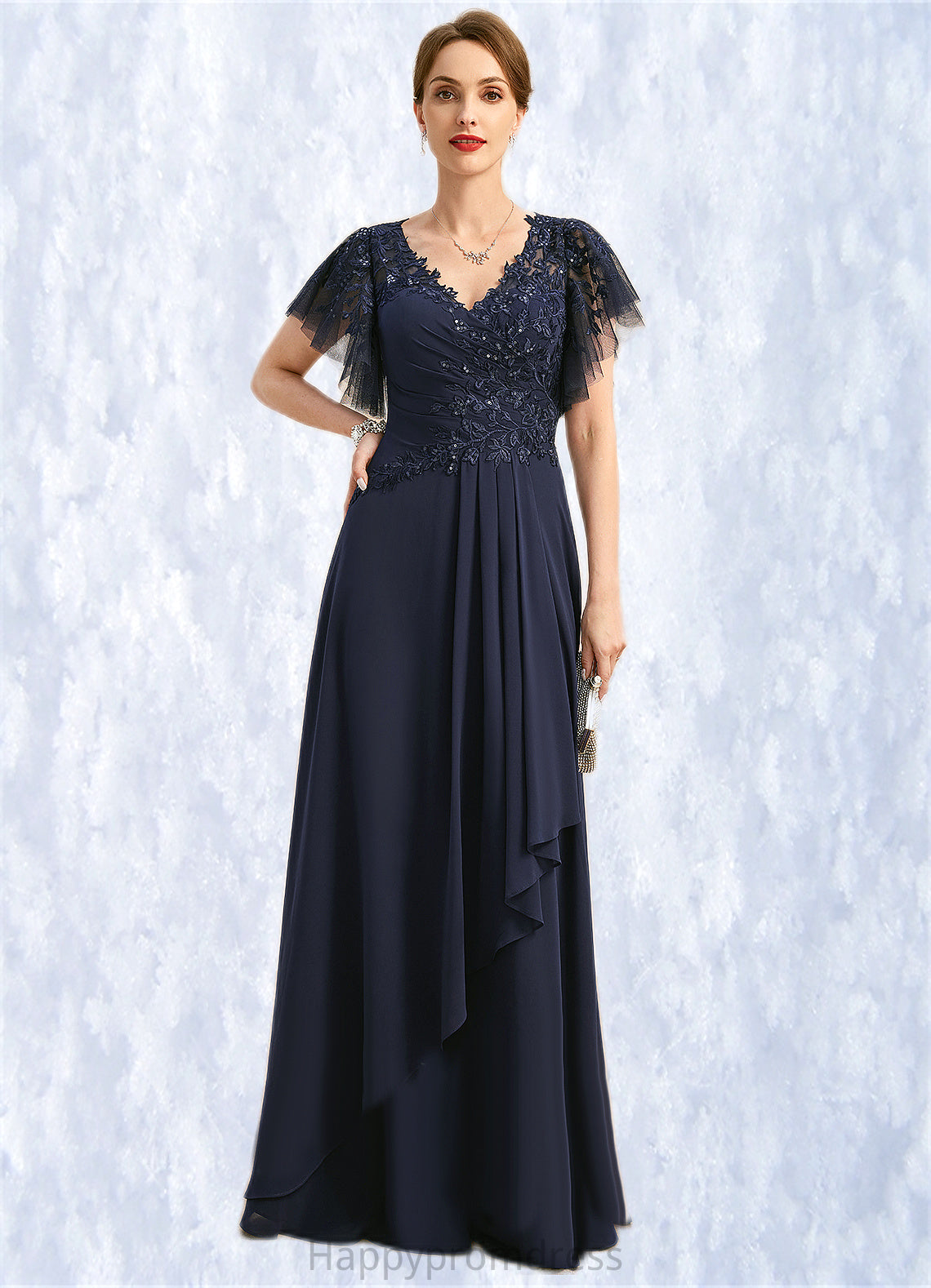 Mikayla A-line V-Neck Floor-Length Chiffon Lace Mother of the Bride Dress With Cascading Ruffles Sequins XXSP0021738