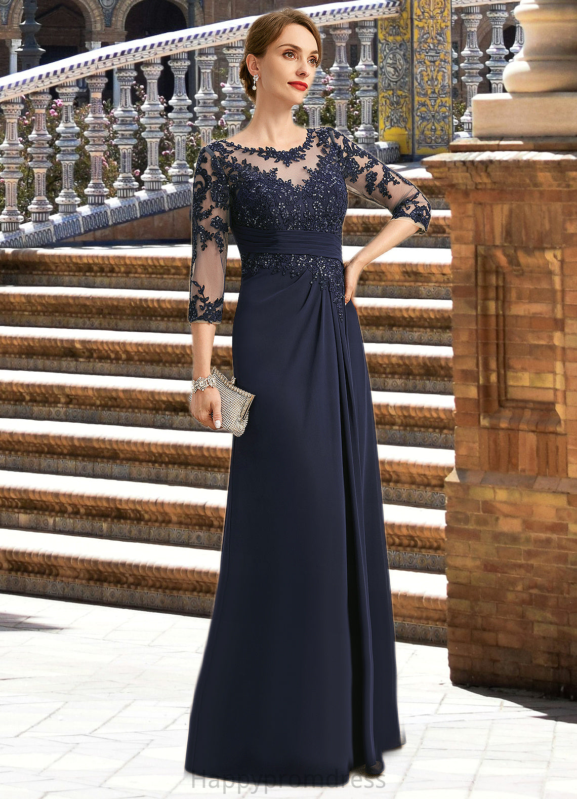 Erin A-line Scoop Illusion Floor-Length Chiffon Lace Mother of the Bride Dress With Pleated Sequins XXSP0021741