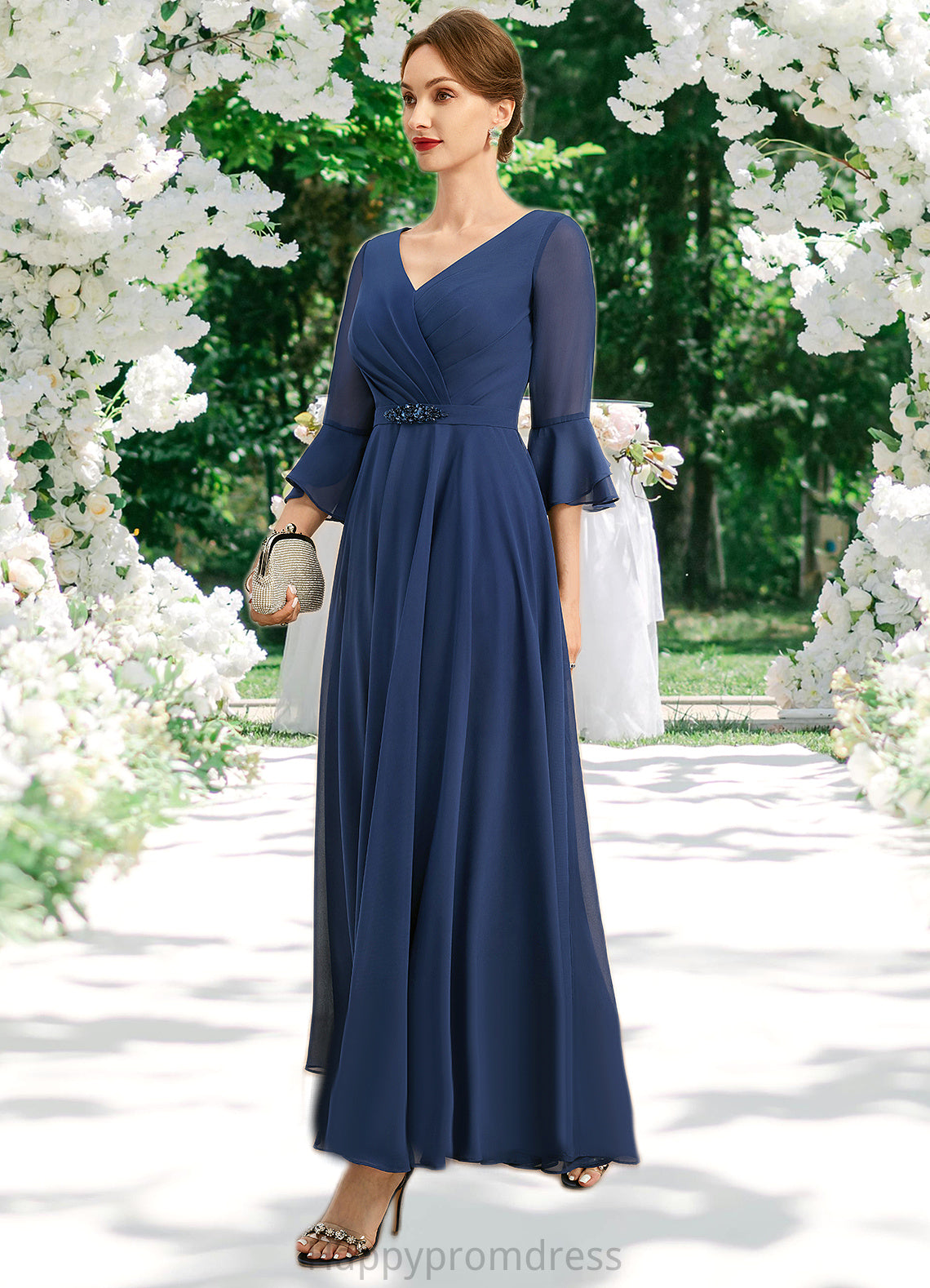 Mara A-line V-Neck Ankle-Length Chiffon Mother of the Bride Dress With Beading Pleated Sequins XXSP0021745