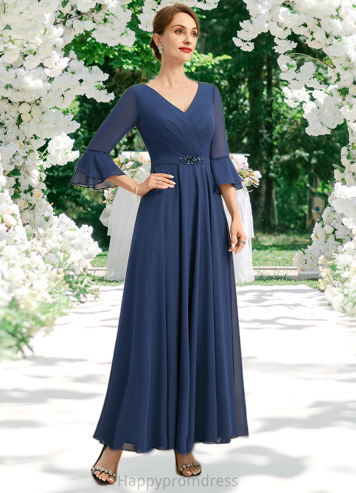Mara A-line V-Neck Ankle-Length Chiffon Mother of the Bride Dress With Beading Pleated Sequins XXSP0021745