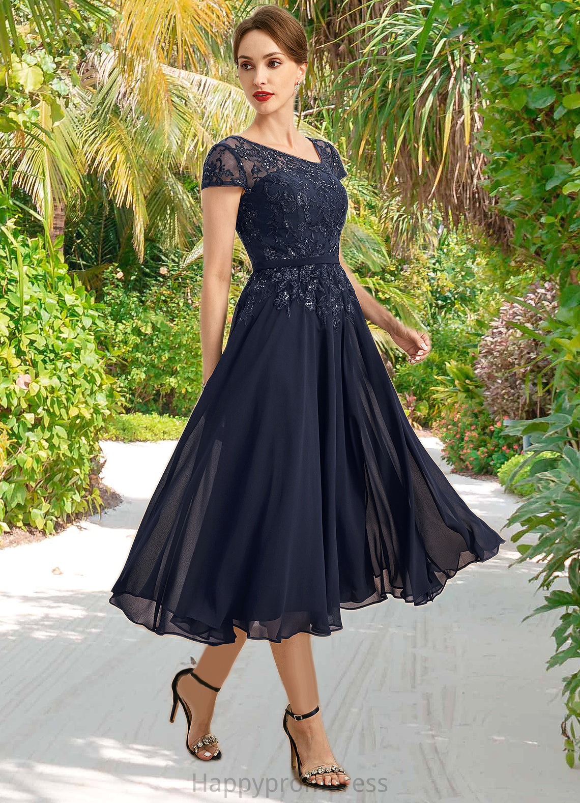 Courtney A-line Asymmetrical Tea-Length Chiffon Lace Mother of the Bride Dress With Sequins XXSP0021750
