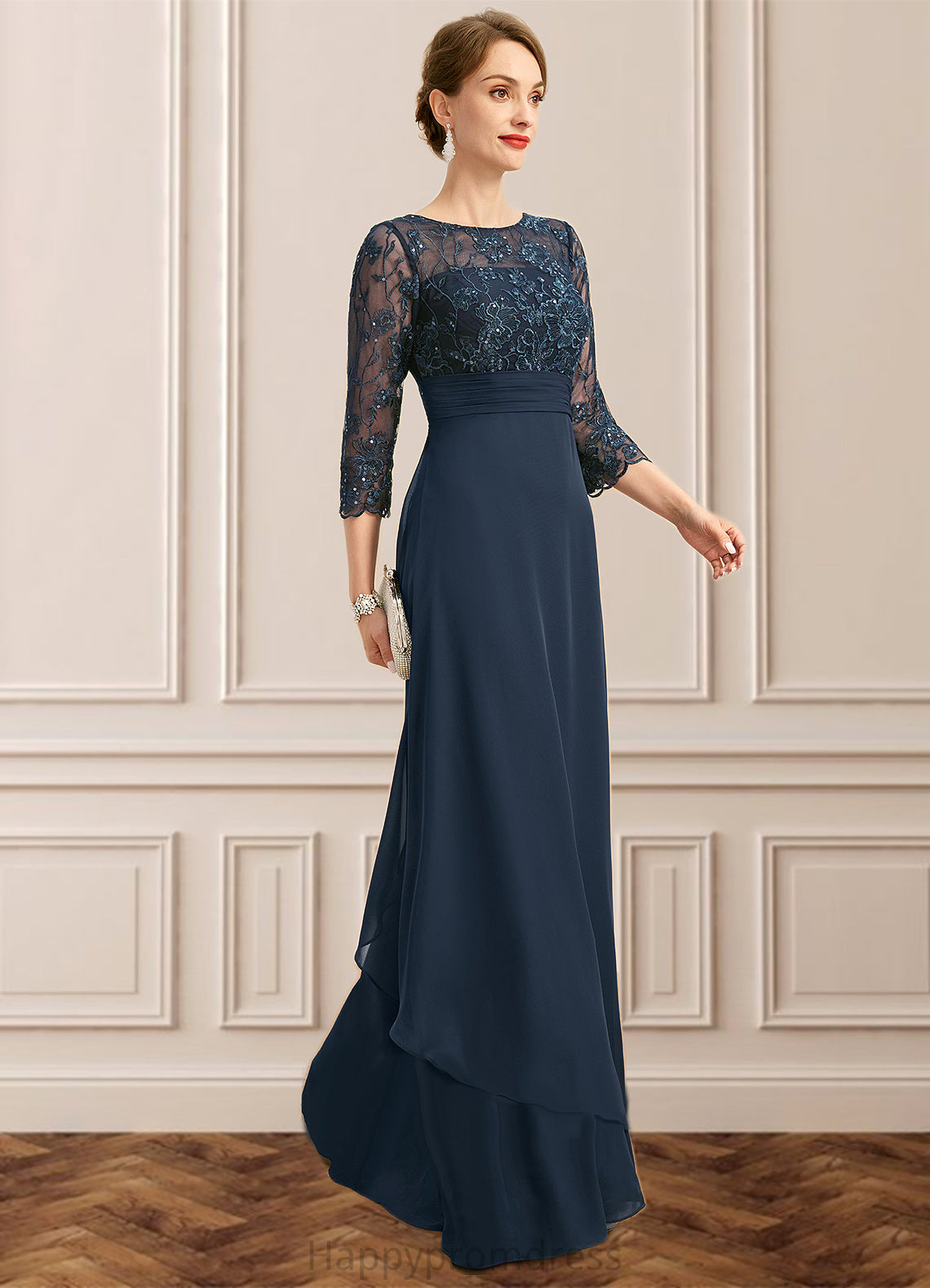 Essence A-line Scoop Illusion Floor-Length Chiffon Lace Mother of the Bride Dress With Pleated Sequins XXSP0021754