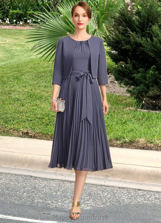Brittany A-line Scoop Tea-Length Chiffon Mother of the Bride Dress With Bow Pleated XXSP0021763