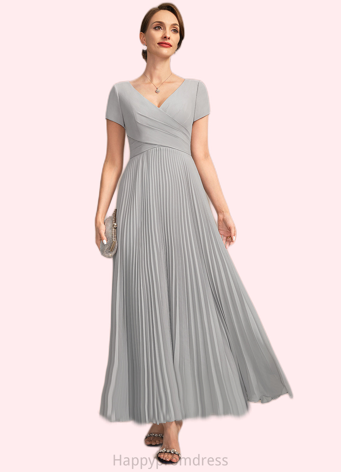 Estrella A-line V-Neck Ankle-Length Chiffon Mother of the Bride Dress With Pleated XXSP0021777