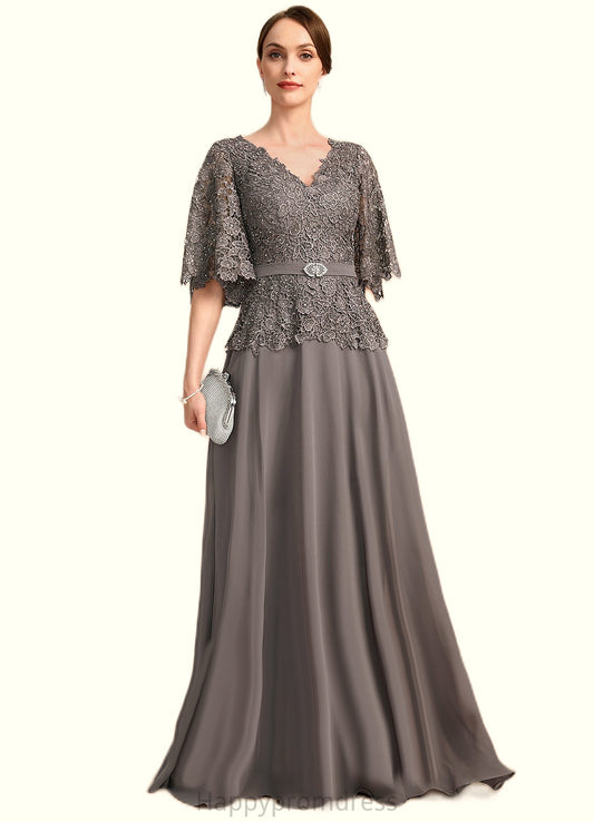 Leslie A-line V-Neck Floor-Length Chiffon Lace Mother of the Bride Dress With Rhinestone Crystal Brooch XXSP0021782