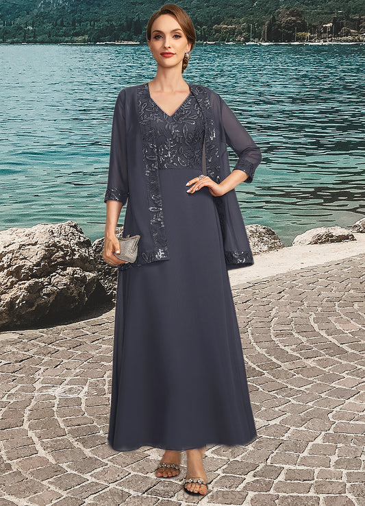 Tianna A-line V-Neck Ankle-Length Chiffon Lace Sequin Mother of the Bride Dress XXSP0021798