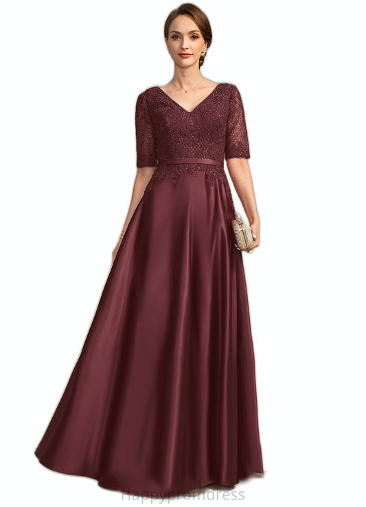 Bianca A-line V-Neck Floor-Length Lace Satin Mother of the Bride Dress With Sequins XXSP0021803