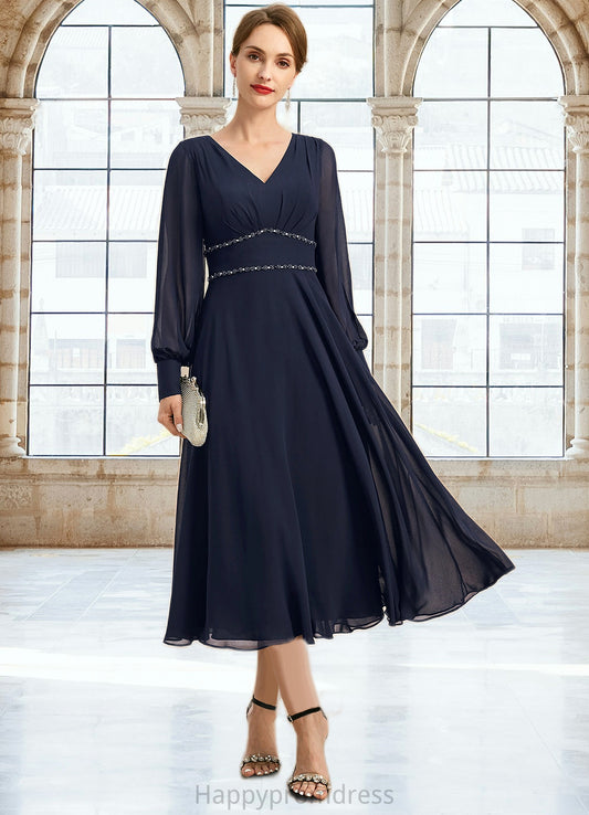 Violet A-line V-Neck Tea-Length Chiffon Mother of the Bride Dress With Beading Pleated XXSP0021804
