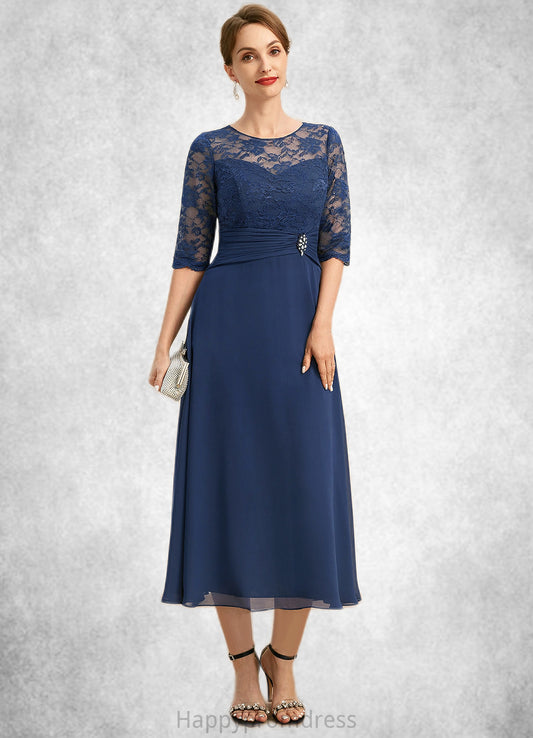 Zara A-line Scoop Illusion Tea-Length Chiffon Lace Mother of the Bride Dress With Beading XXSP0021826