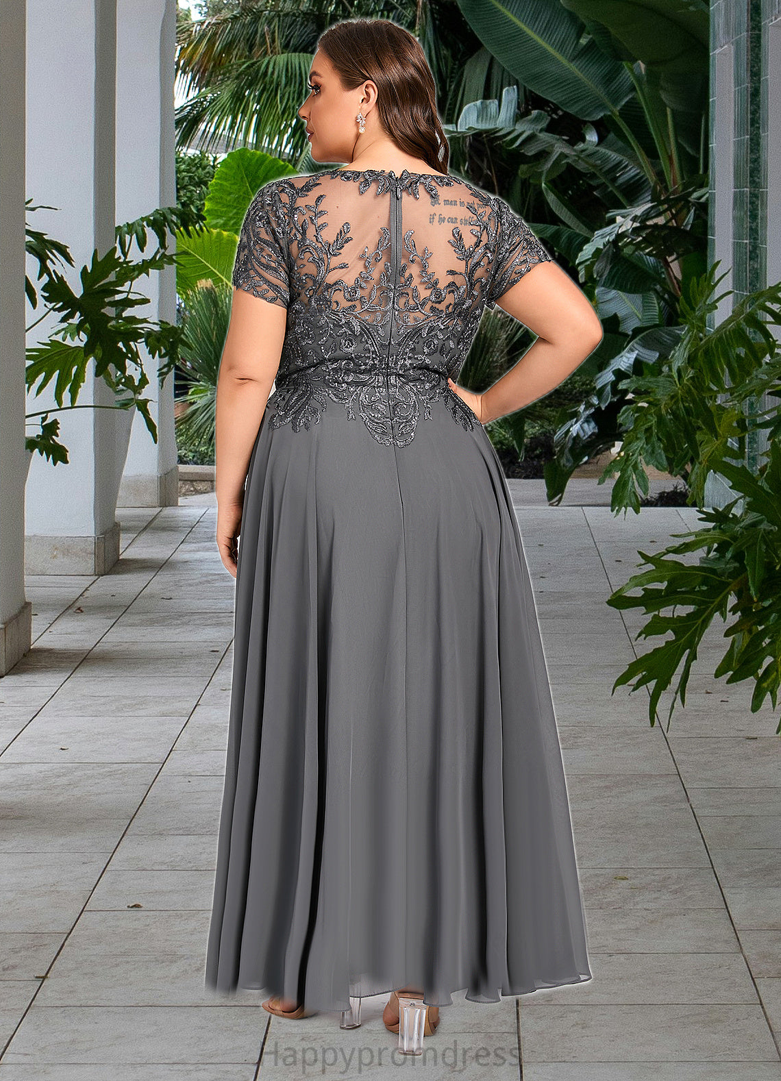 Aspen A-line V-Neck Illusion Ankle-Length Chiffon Lace Mother of the Bride Dress With Sequins XXSP0021830