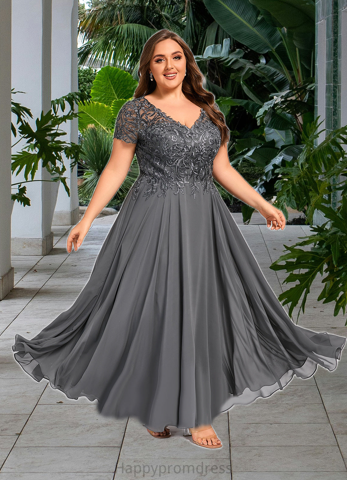 Aspen A-line V-Neck Illusion Ankle-Length Chiffon Lace Mother of the Bride Dress With Sequins XXSP0021830