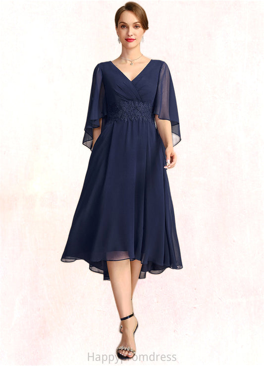 Millie A-line V-Neck Asymmetrical Chiffon Mother of the Bride Dress With Pleated Appliques Lace XXSP0021845