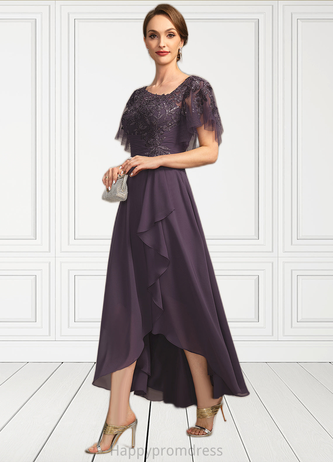 Zaniyah A-line Asymmetrical Asymmetrical Chiffon Lace Mother of the Bride Dress With Cascading Ruffles Sequins XXSP0021846