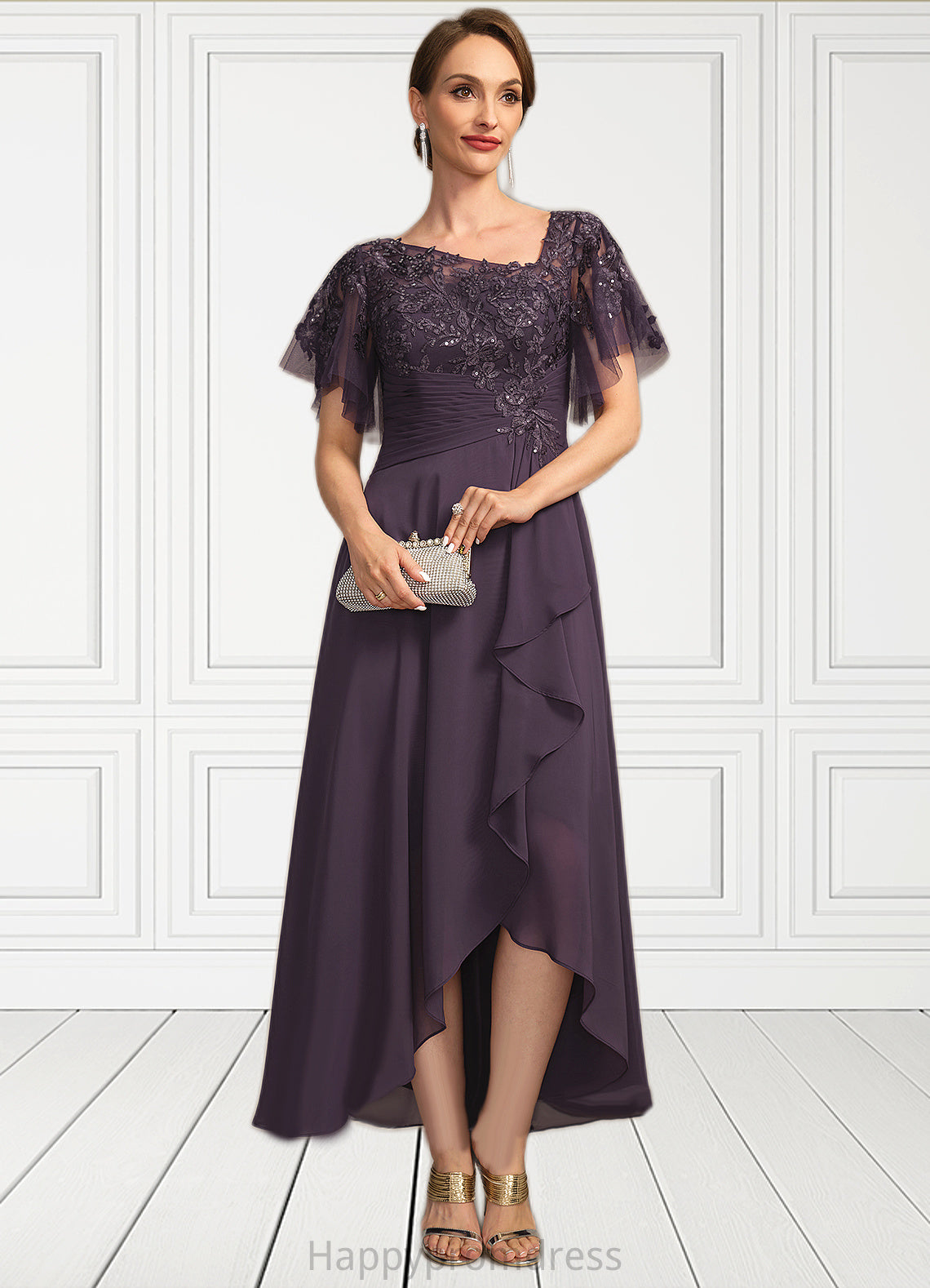 Zaniyah A-line Asymmetrical Asymmetrical Chiffon Lace Mother of the Bride Dress With Cascading Ruffles Sequins XXSP0021846