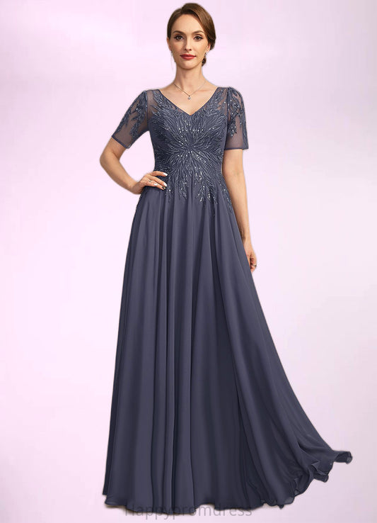 Amiya A-line V-Neck Illusion Floor-Length Chiffon Lace Mother of the Bride Dress With Sequins XXSP0021867