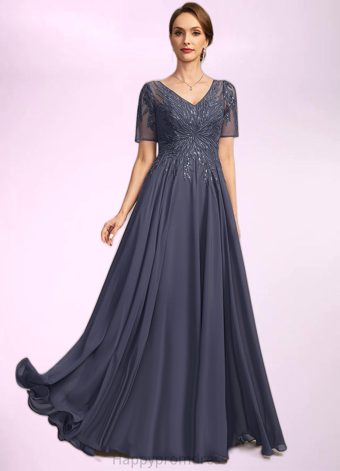 Amiya A-line V-Neck Illusion Floor-Length Chiffon Lace Mother of the Bride Dress With Sequins XXSP0021867