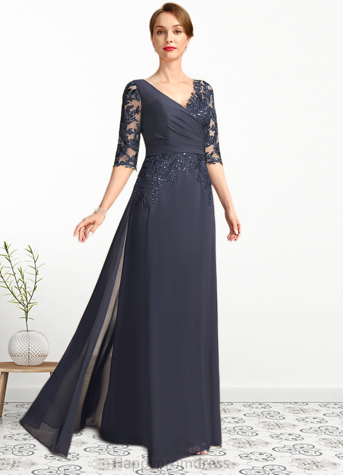 Ellie A-line V-Neck Floor-Length Chiffon Lace Mother of the Bride Dress With Pleated Sequins XXSP0021880