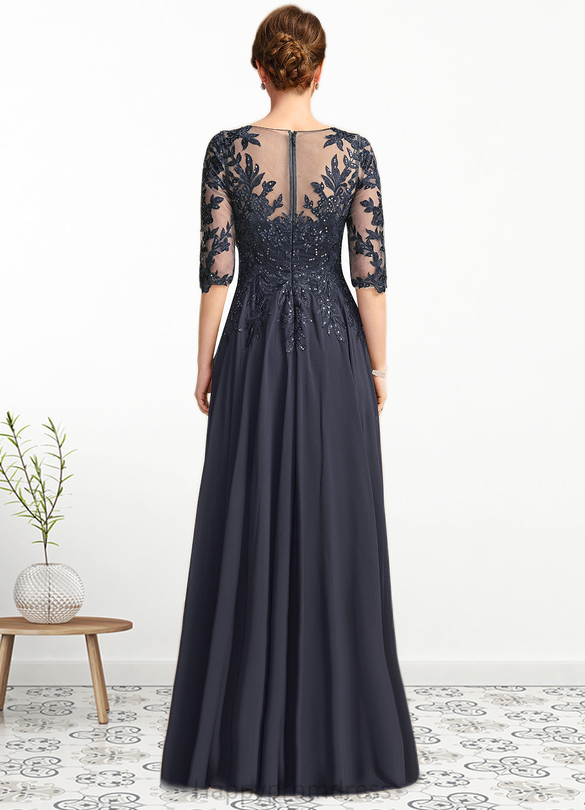 Ellie A-line V-Neck Floor-Length Chiffon Lace Mother of the Bride Dress With Pleated Sequins XXSP0021880