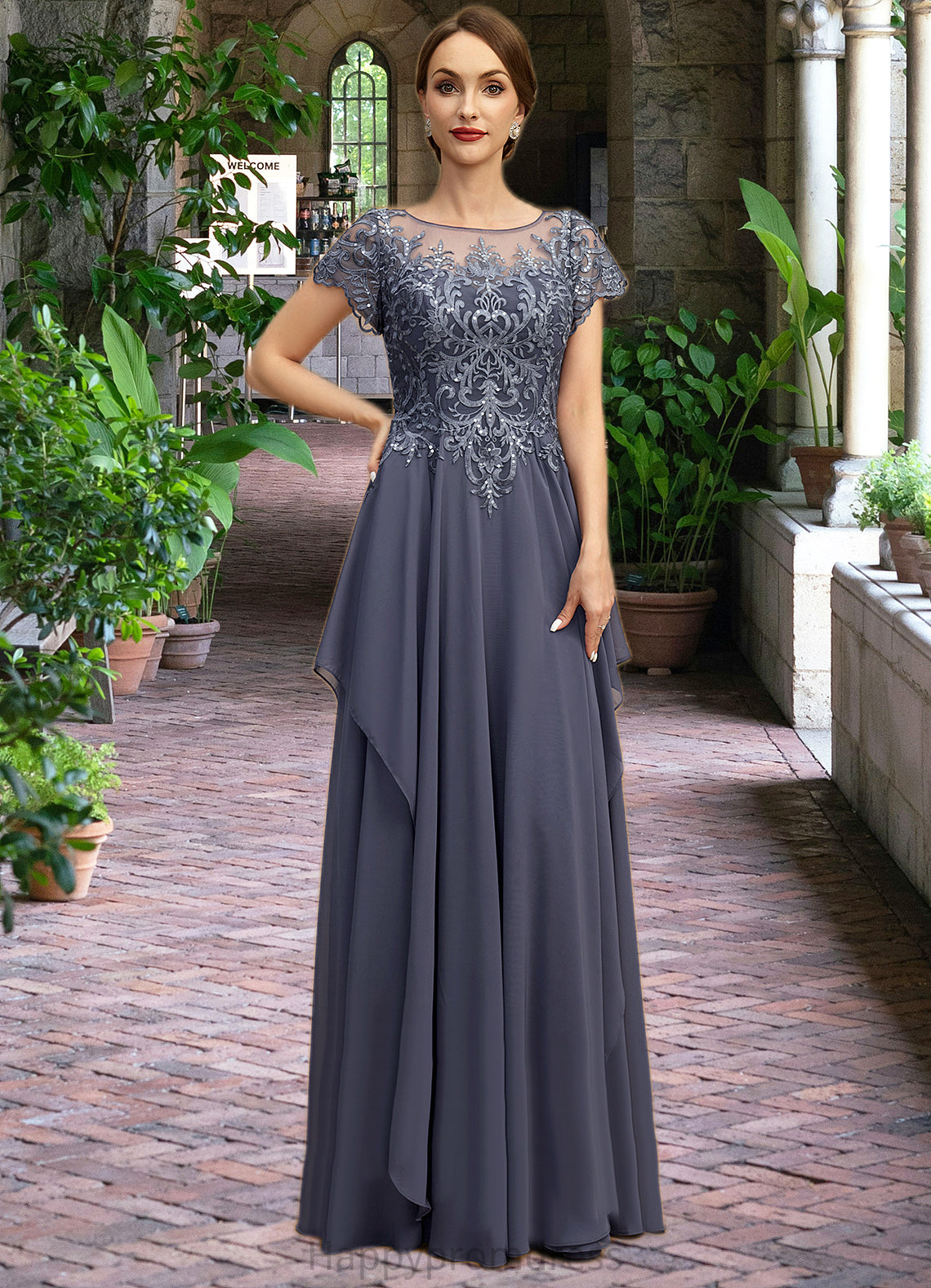 Ina A-line Scoop Illusion Floor-Length Chiffon Lace Mother of the Bride Dress With Cascading Ruffles Sequins XXSP0021897