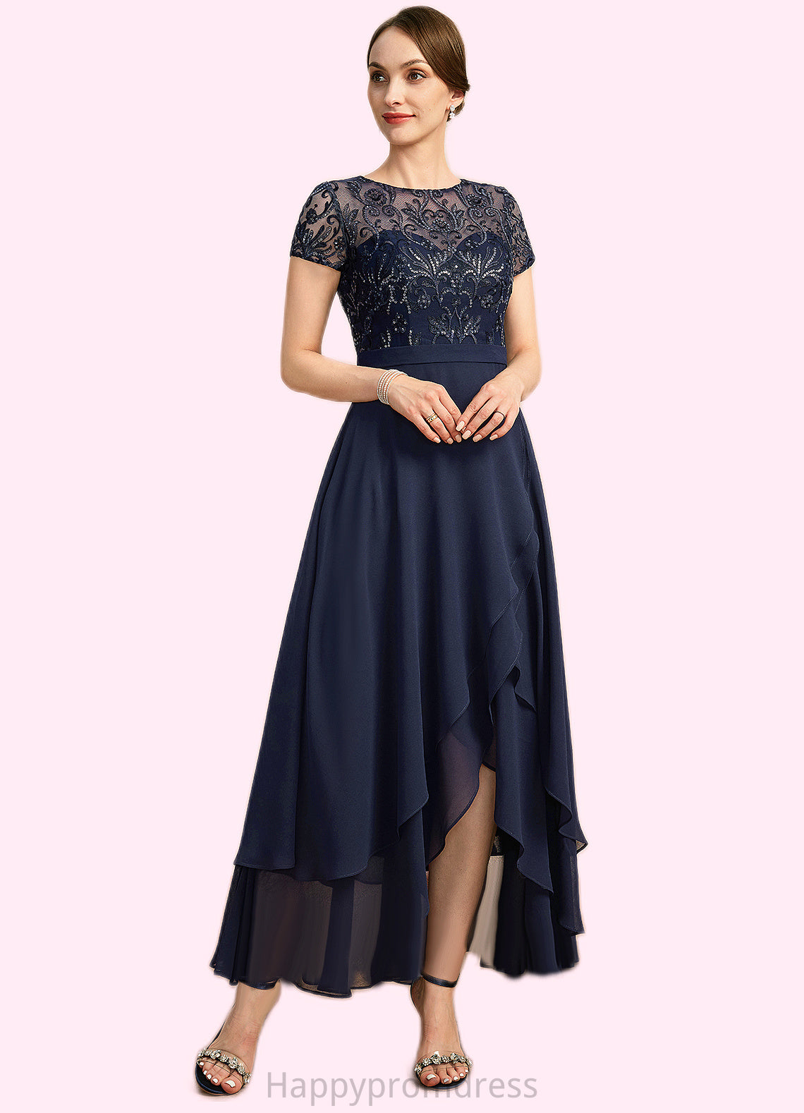 Paola A-line Scoop Illusion Asymmetrical Chiffon Lace Mother of the Bride Dress With Sequins XXSP0021902