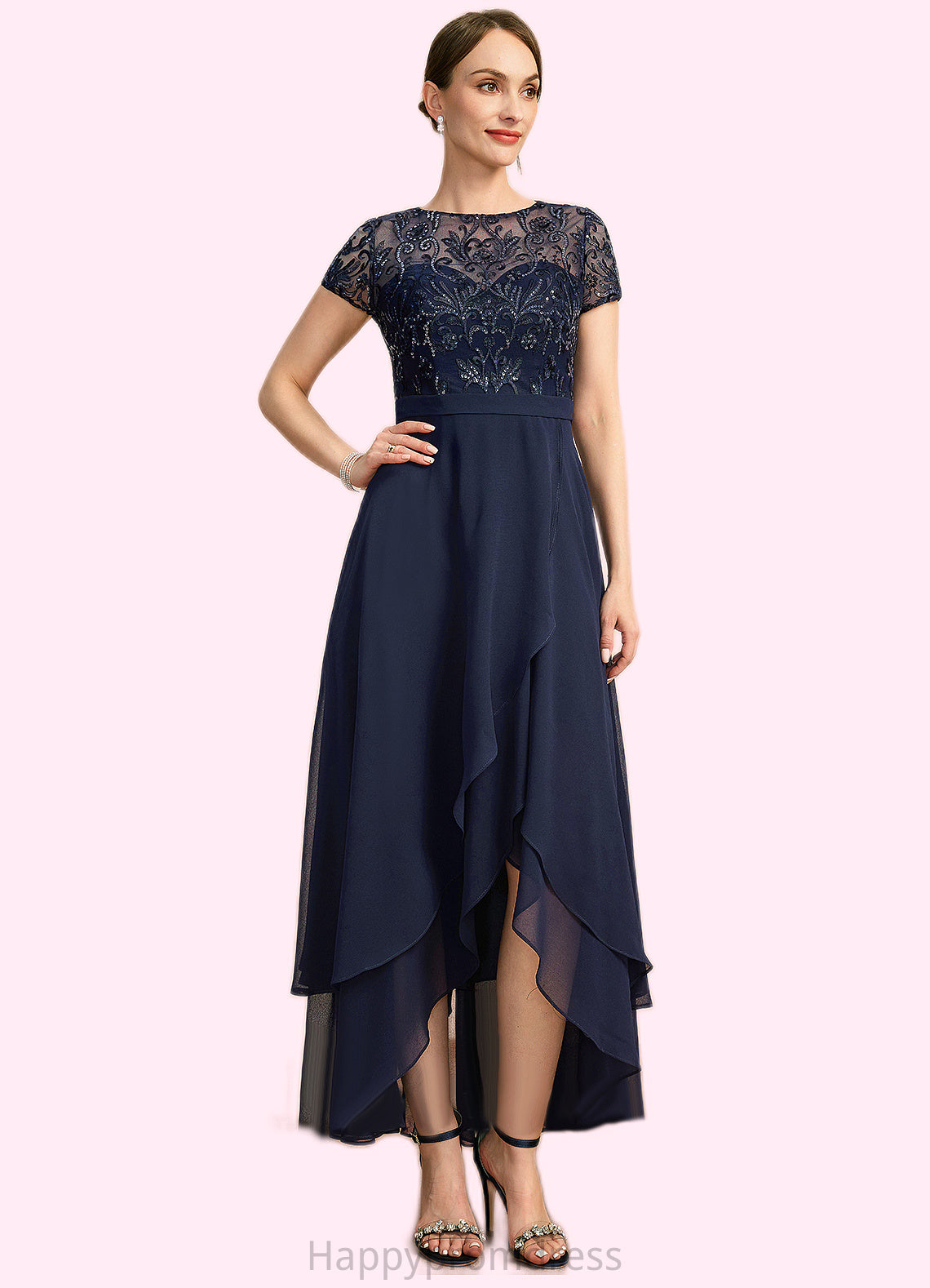 Paola A-line Scoop Illusion Asymmetrical Chiffon Lace Mother of the Bride Dress With Sequins XXSP0021902