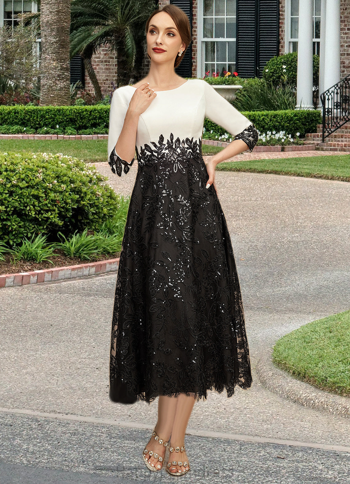 Natalia A-line Scoop Tea-Length Chiffon Lace Mother of the Bride Dress With Sequins XXSP0021903