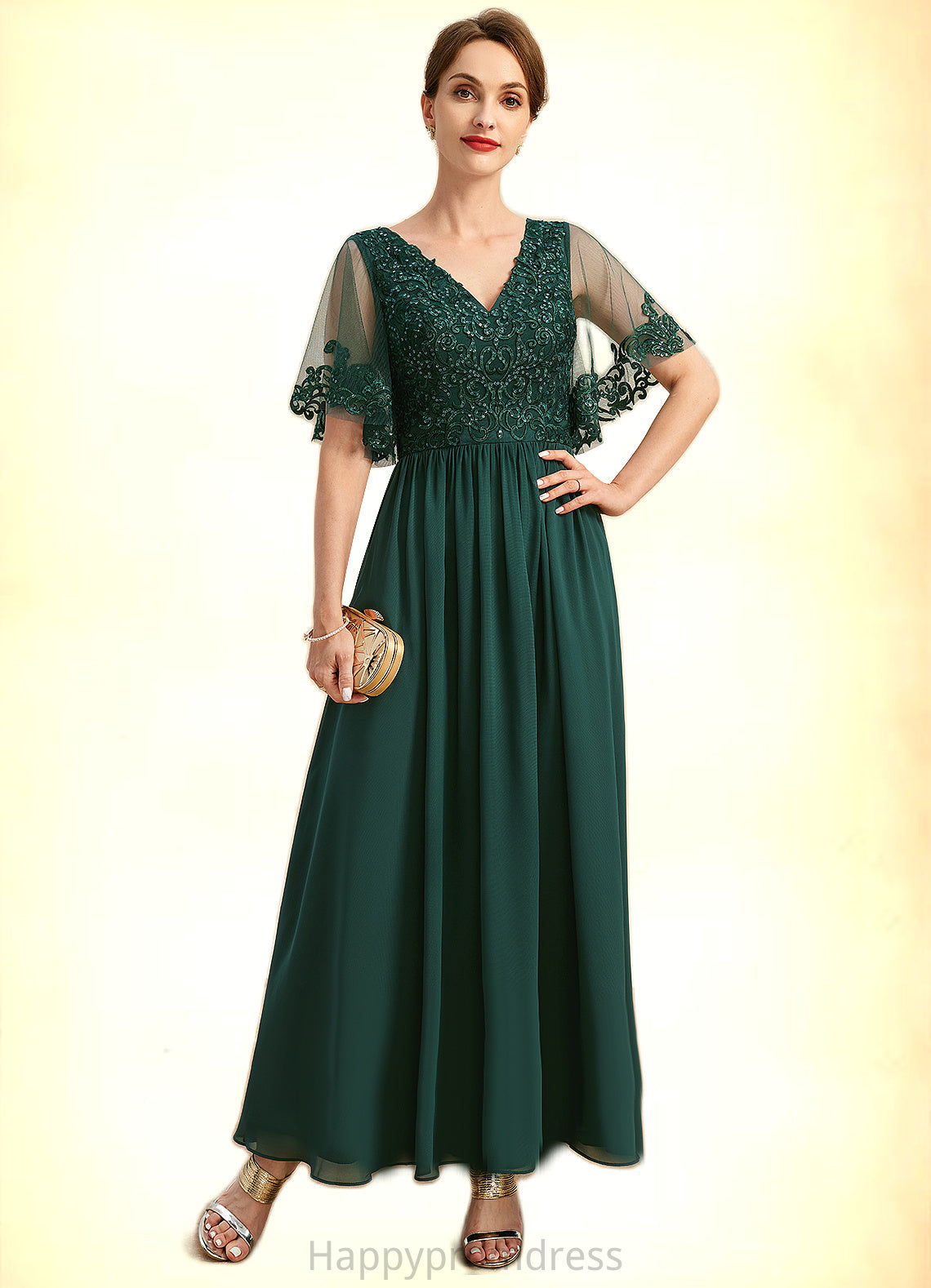 Keely A-line V-Neck Ankle-Length Chiffon Lace Mother of the Bride Dress With Sequins XXSP0021914